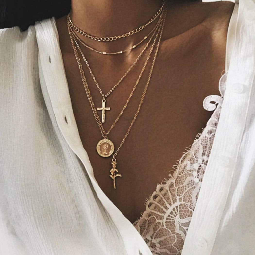 Holy Layered Cross Necklace Gold Choker Coin Chain Rose Flower Pendant Multilayered Long Necklaces Jewelry for Women and Girls Gold Walmart