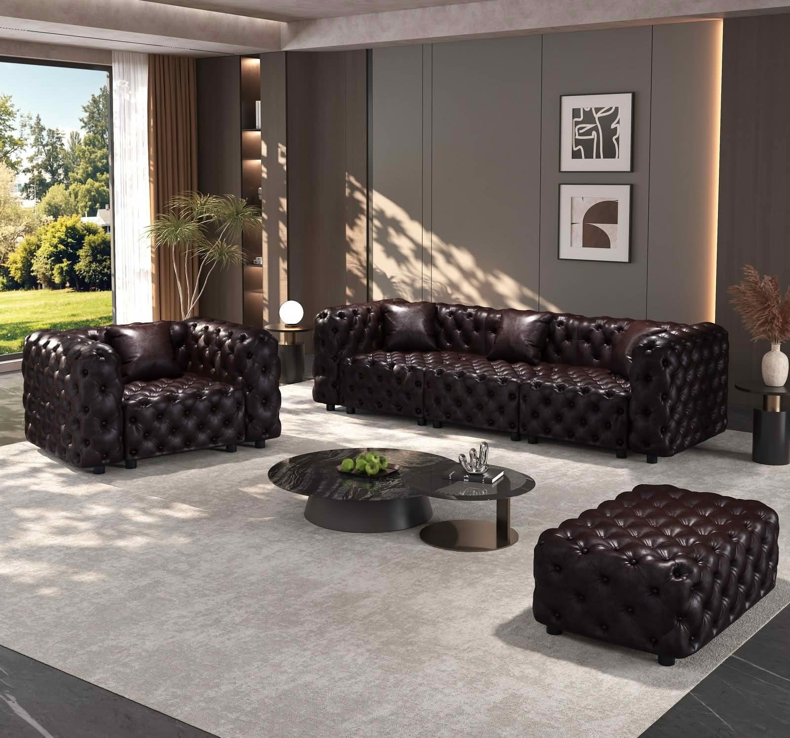 MAYEERTY 4‑Seat Faux‑Leather Modular Sofa Set, Handcrafted Button Tufted Couch with Ottoman & 4 Pillows for Living Room & Small Apartment