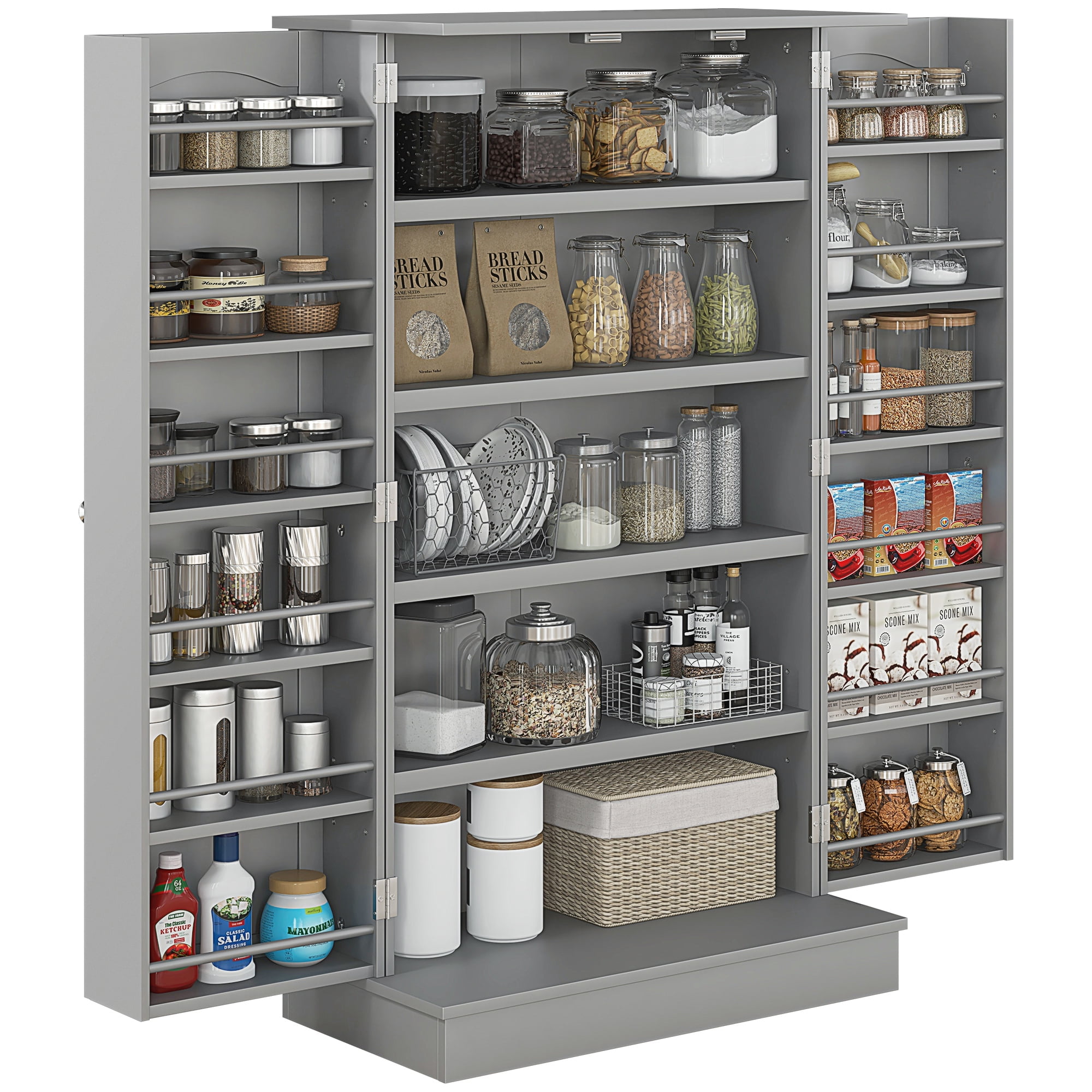 HOMCOM 41" Kitchen Pantry, 2-Door Kitchen Cabinet with 5-tier Storage Shelving, 12 Spice Racks and Adjustable Shelves for Dining Room, Gray