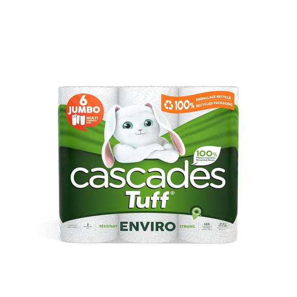 Cascades Essuie-Tout Jumbo Tuff Enviro, Rouleaux de Nettoyage Ménager Écologiques - 6 Rouleaux Jumbo, 105 Feuilles par Rouleau