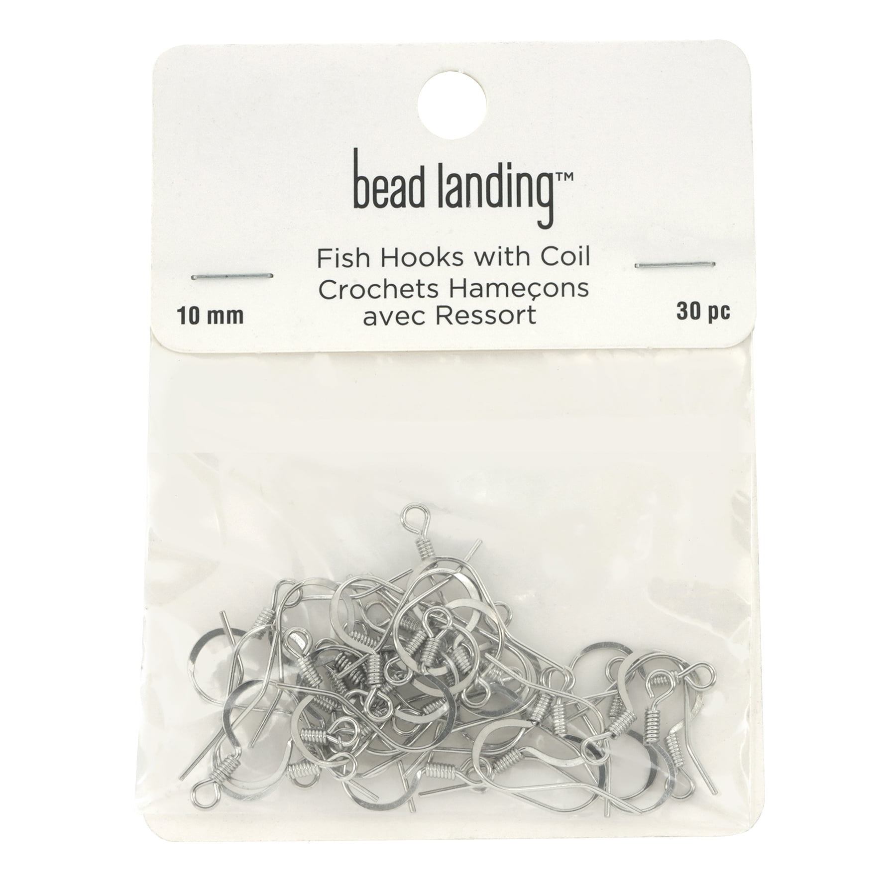 Rhodium Earring Fish Hooks with Coils by Bead Landing – 10mm Iron Ear Wires for Pierced Ears - 12 Pack