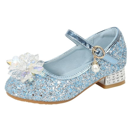 Huesdet Girls High Heels Sequins Dress Sandals Princess Dress Shoes Flower Wedding Party Shoes(Blue 5 Years)