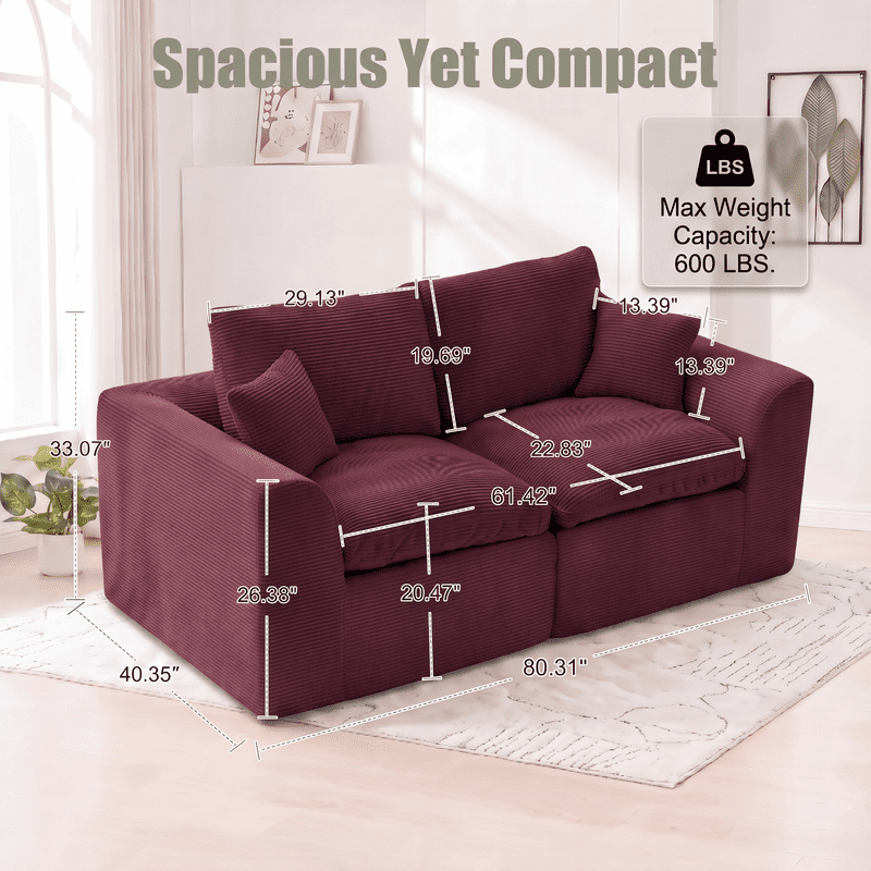 Gewnee Loveseat Sofa, Modular Cloud Couch, Corduroy 2 Seater Sofa with Removable Covers, No Assembly Required,WINE RED