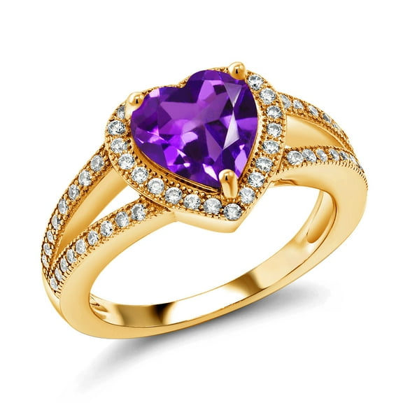 Gem Stone King 18K Yellow Gold Plated Silver Purple Amethyst and White Moissanite Ring for Women (2.31 Cttw, Gemstone February Birthstone, Heart Shape 8MM, Available in Size 5,6,7,8,9)