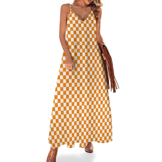Vestido sin mangas de cuadros naranja y blanco Vestido de verano Vestidos con mangas largas