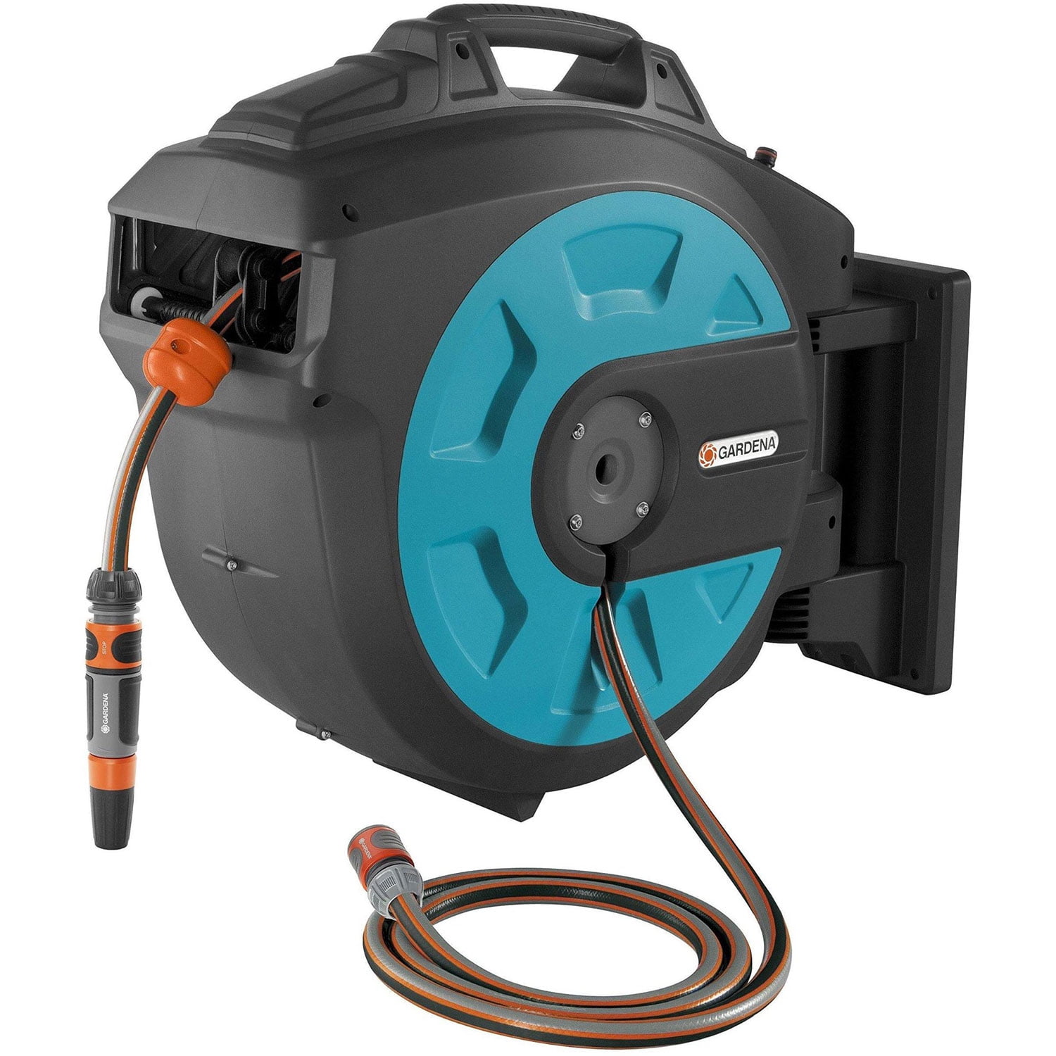 Blue G GOOD GAIN Retractable Garden Hose Reel Wall Mounted 1/2 x 82 ft Hose Winder with Any Length Lock 