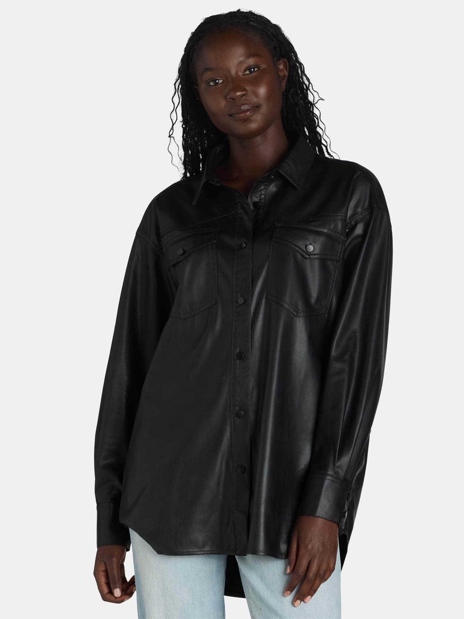 Sofia Jeans Women's and Women's Plus Sofia Oversized Faux Leather Boyfriend Shirt with Long Sleeves, Sizes XS-XXXL