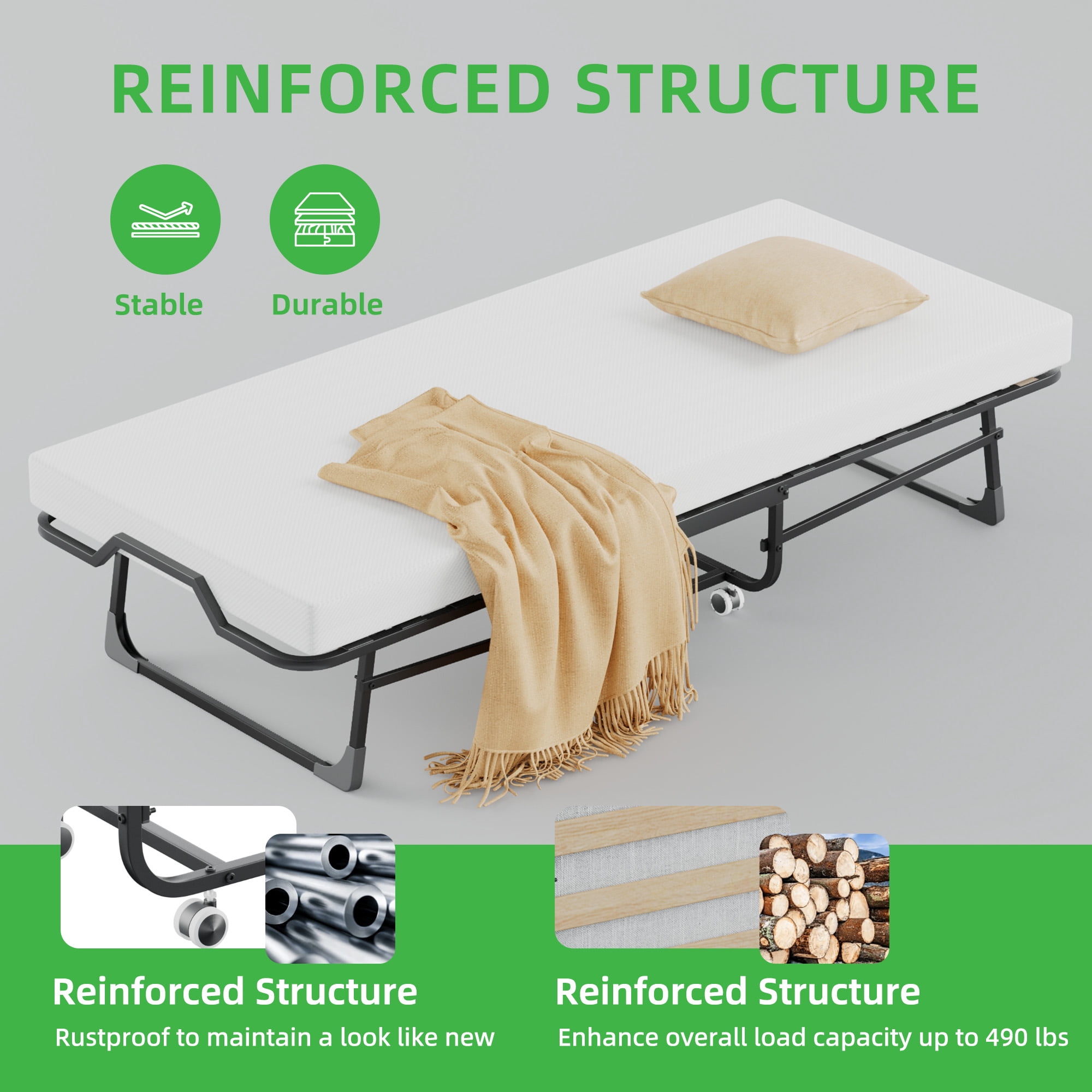 Vebreda Folding Bed with Mattress for Adults, Cot Size Rollaway Bed, Portable Foldable Bed with Mattress & Metal Frame for Easy Storage, 75"x 31"