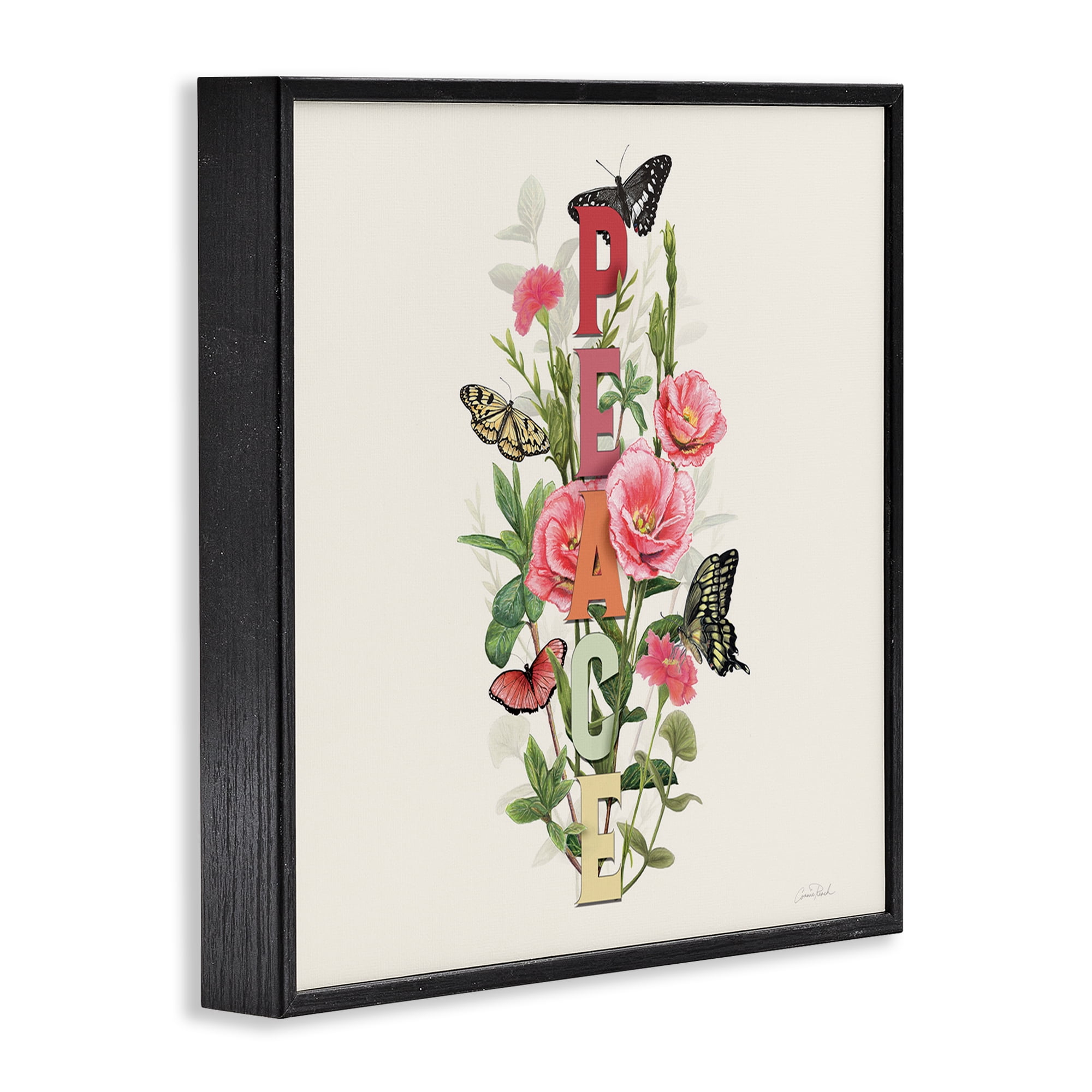 Stupell Industries Peace with Butterflies Botanical & Floral Painting Black Framed Art Print Wall Art, 12 x 12