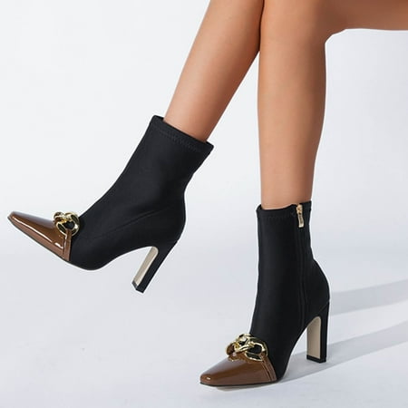 

YOTAMI Womens Boot Ankle Boots Pointed Zip Shoes Winter Solid Color Square High Heel Chain Streetwear Brown 6