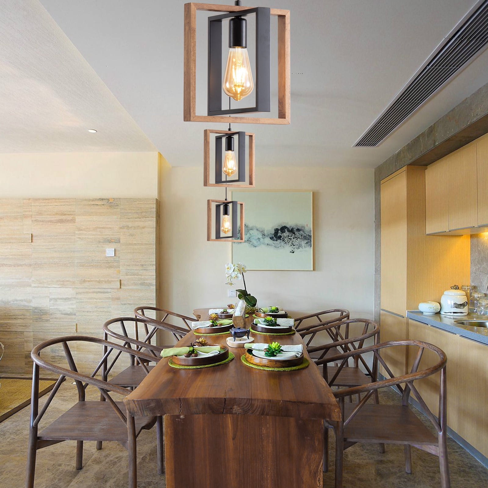 Farmhouse Pendant Light Fixture, Rustic Hanging Light Fixture with Wood Grain and Black Finish
