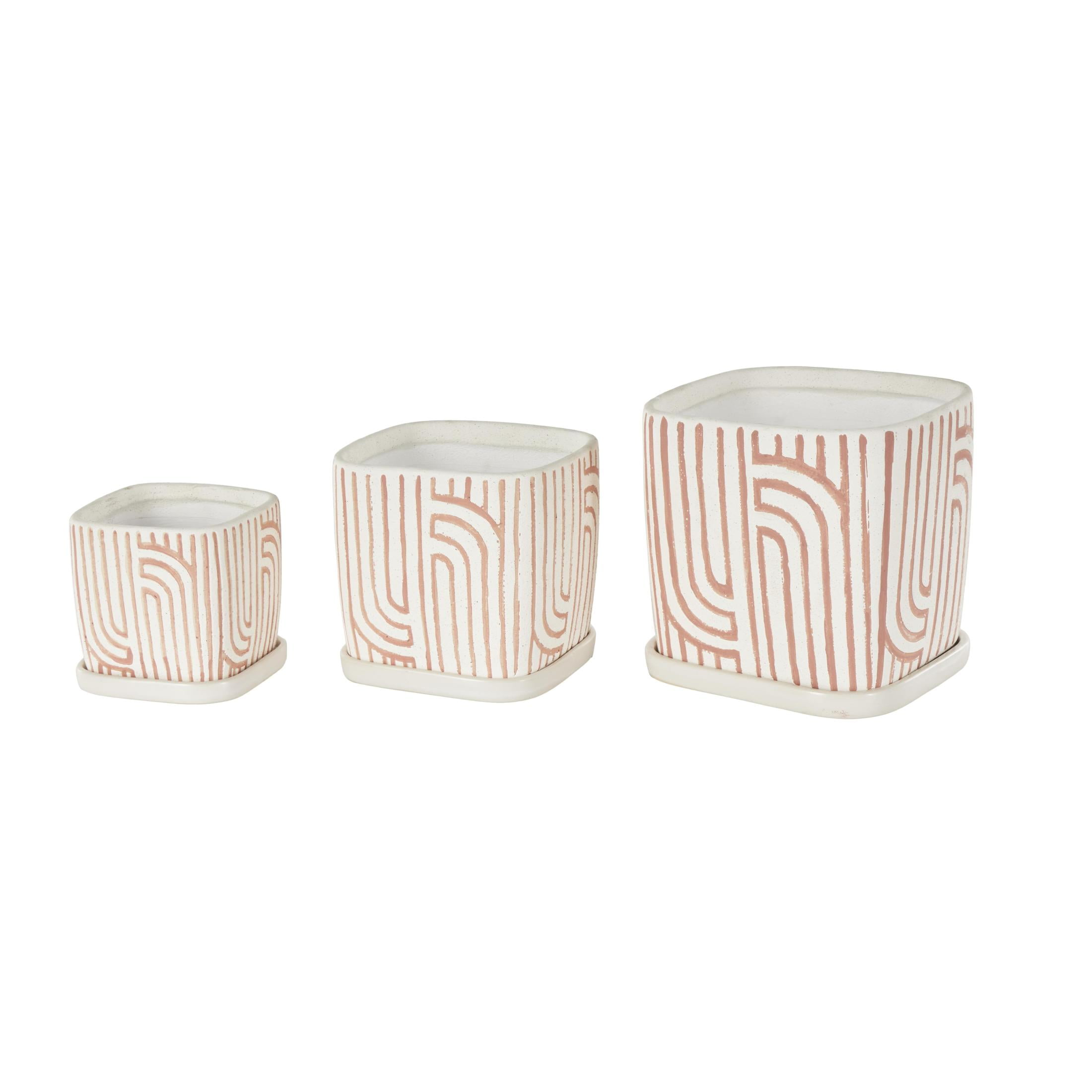 DecMode 7", 6", 5"H Arched Patterned Pink Ceramic Geometric Planter with Attached Saucer (3 Count)