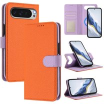 For Google Pixel 10 / 10 Pro RFID Blocking Protective Purse 2-in-1 Detachable Bicolor Wallet Case Magnetic Flip Cover Multi-Card Slots Pocket With Wrist Strap Phone Case,Orange,For Pixel 10 / 10 Pro