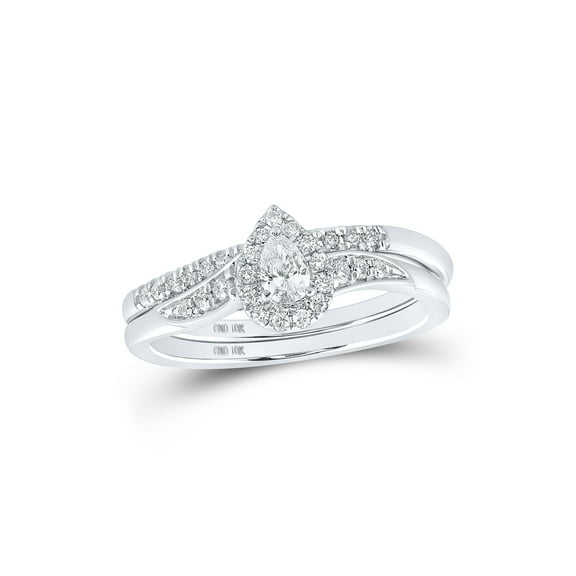 10kt White Gold Pear Diamond Halo Bridal Wedding Ring Band Set 1/3 Cttw