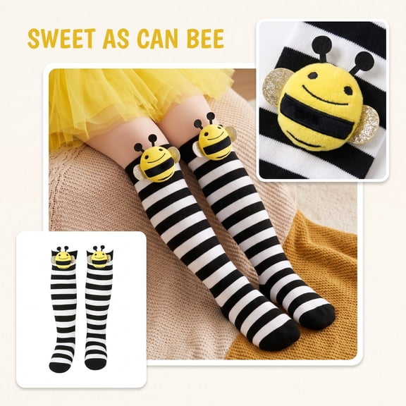 Kids Bee Knee High Socks for Halloween, 3D Plush Bumblebee Costume Socks for Girls Toddlers, Black White Striped for Christmas Stocking Stuffers, Gag Gifts and Fun Holiday Gifts