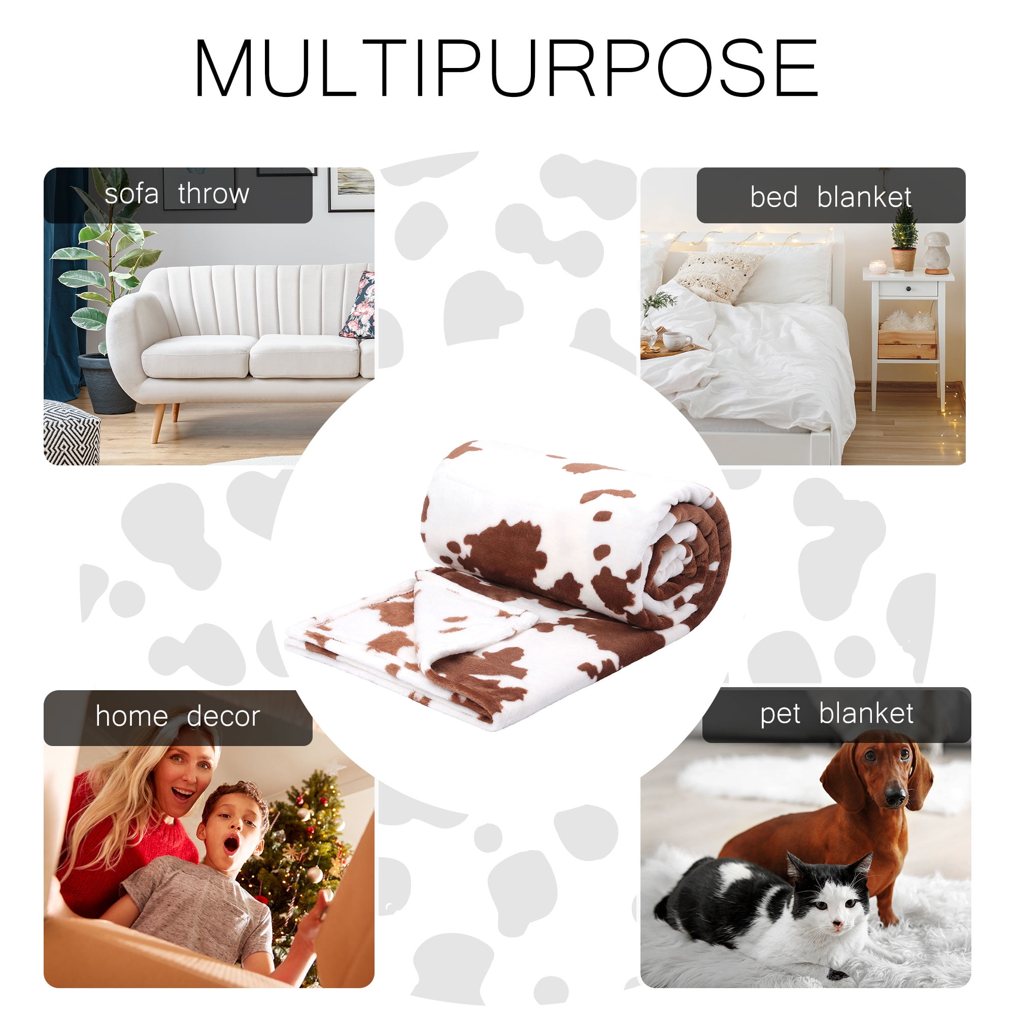 PiccoCasa Cow Printed Soft 300GSM Flannel Throw Blanket Sofa Bed Brown 59" x 79"