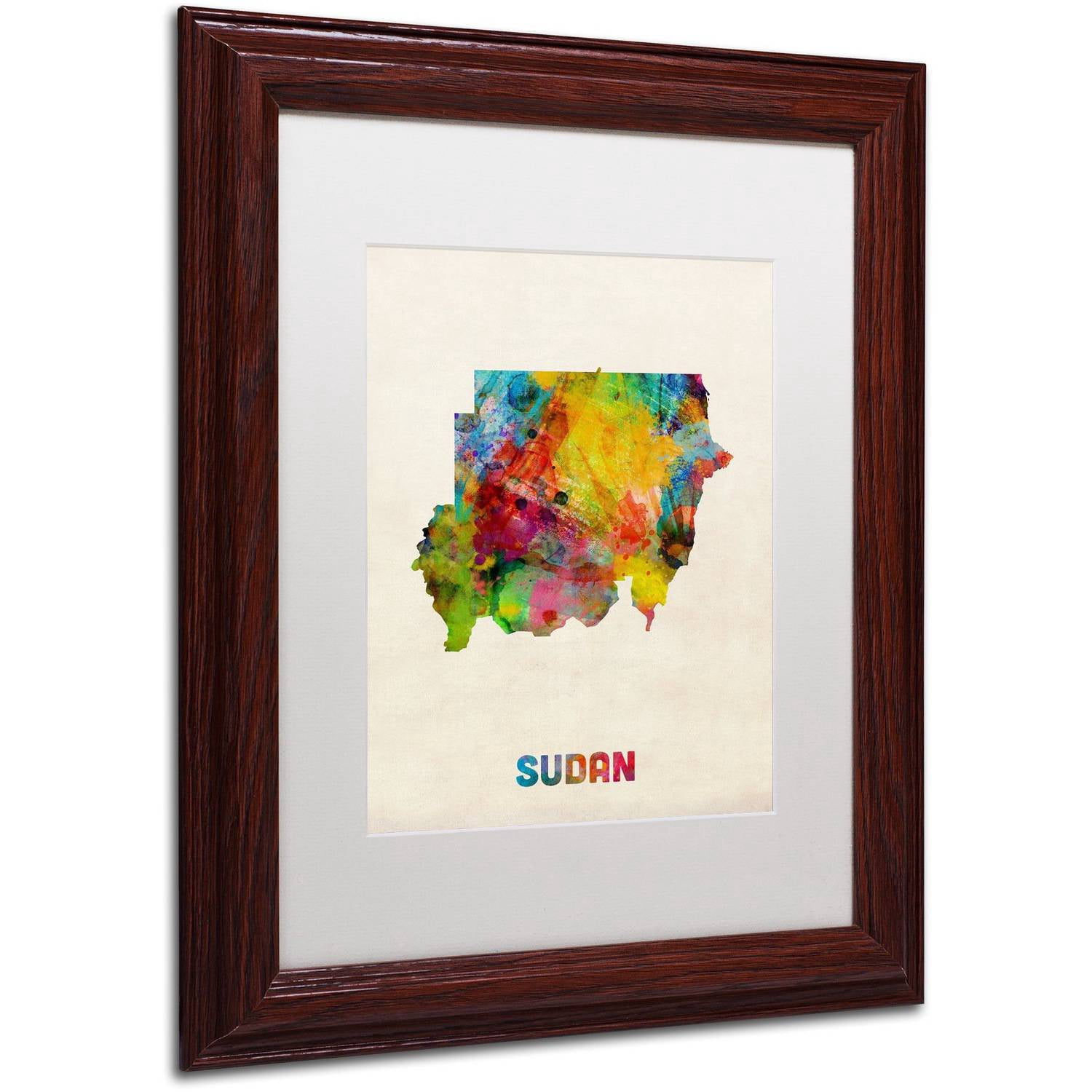Trademark Fine Art 'Sudan Watercolor Map' Canvas Art by Michael Tompsett, White Matte, Wood Frame