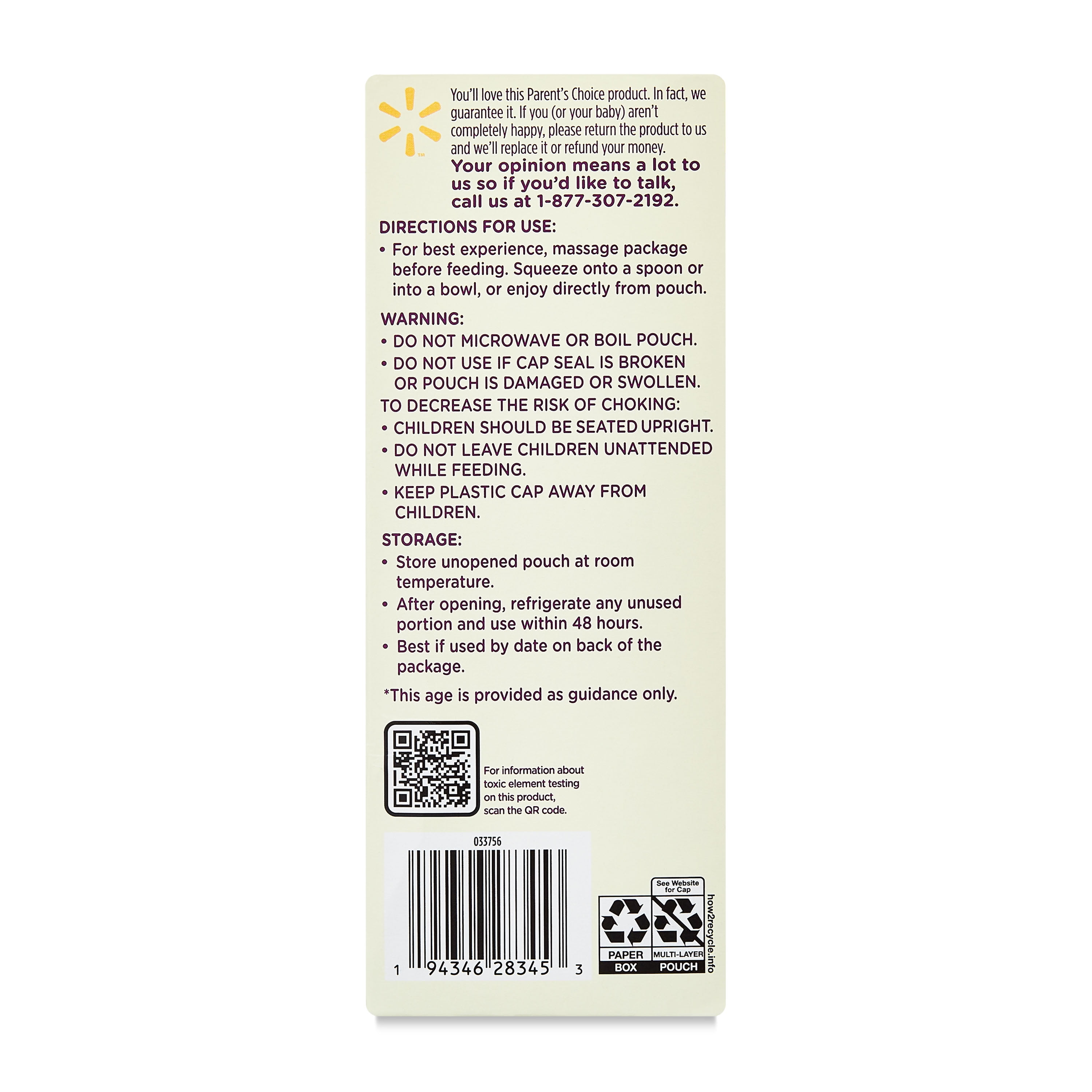 Parent's Choice Stage 2 Baby Food Banana Blueberry Oats Fruit and Cereal Puree, 4 oz Pouch, 4 Pack