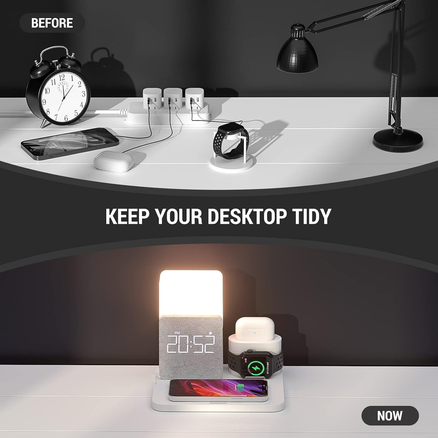 15W 3-in1 Wireless Charger Compatible iPhone 16/15/14/13/15, Apple Watch, AirPods – Fast Charging Dock w/Alarm Clock & Night Light White + 18W Adapter
