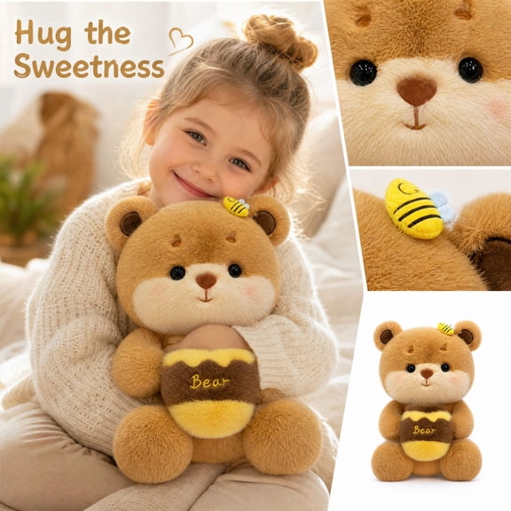 Bear Stuffed Animal, Cute Soft Plush Honey Themed Small Stuffed Animal for Toddlers Kids, Student Shower Birthday Gift for Nursery Decor