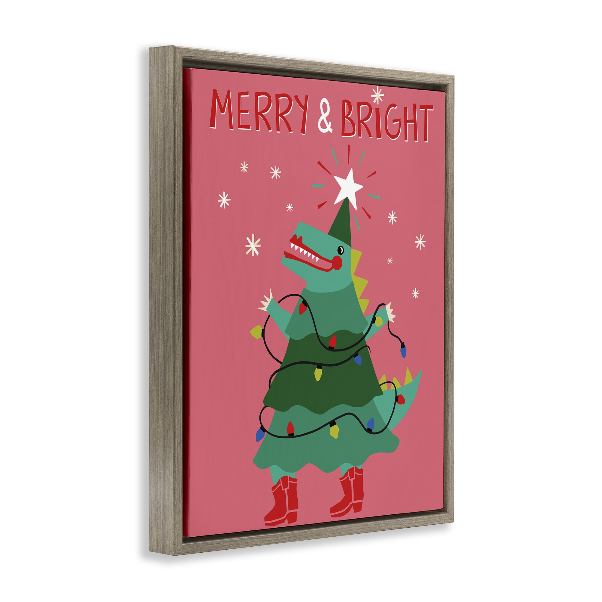 Stupell Industries Merry and Bright Dinosaur Holiday Painting Brown Floater Framed Canvas Art Prints Wall Art, 17 x 21