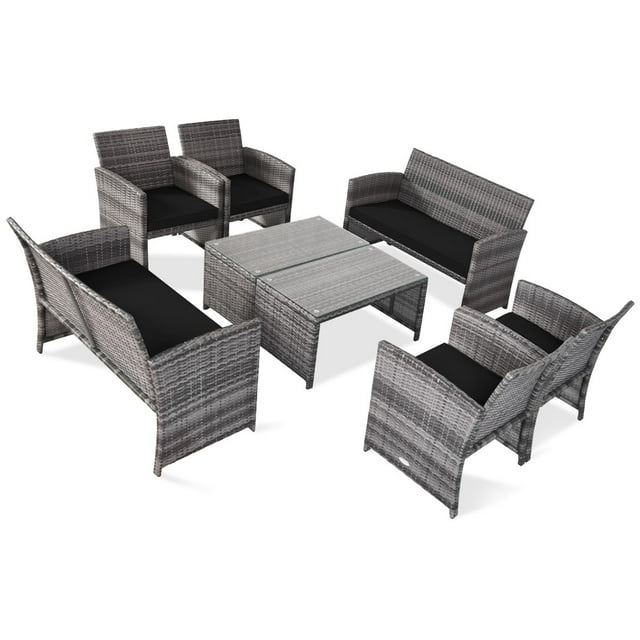 Patiojoy Ensemble de Mobilier de Patio Extérieur 8 Pcs en Rotin Osier Ensemble de Canapé de Conversation Noir