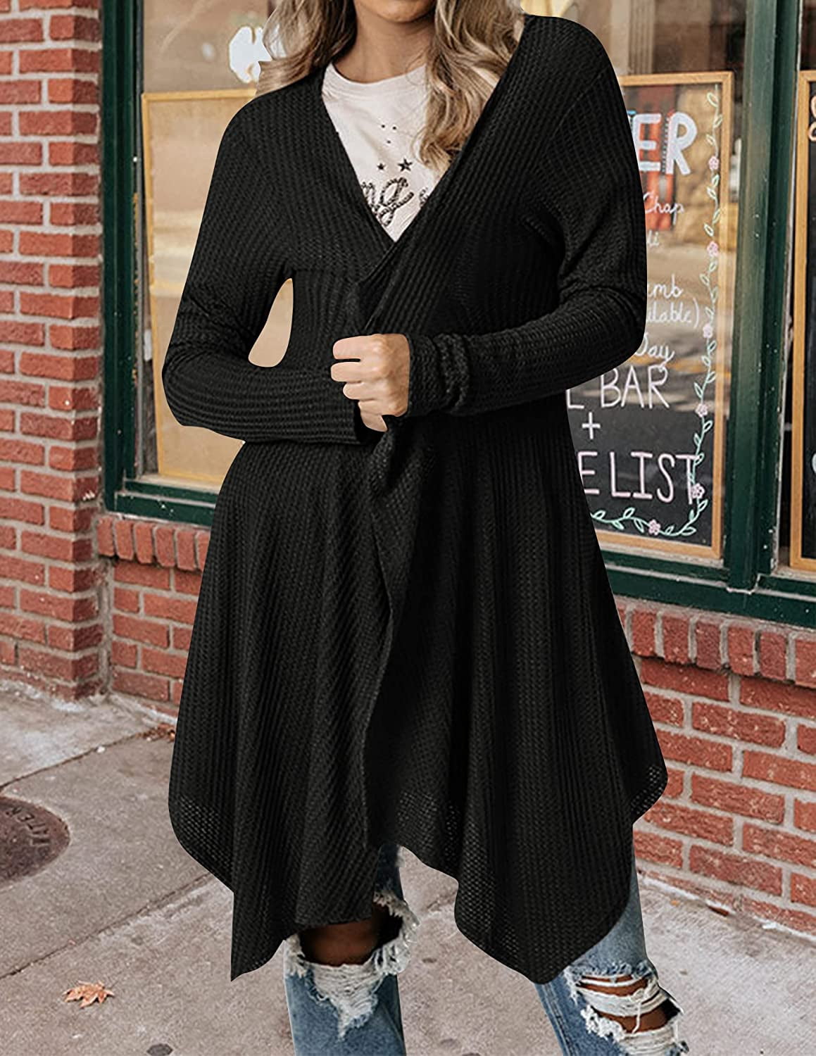 QWZNDZGR Women's Waffle Knit Duster Cardigan Long Sleeve Draped Open Front  Lightweight Irregular Hem Sweater Coat - Walmart.com