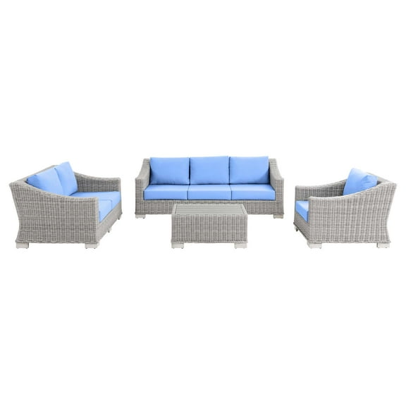 Lounge Sectional Sofa Chair Set, Rattan, Wicker, Light Grey Gray Light Blue, Modern Contemporary Urban Design, Outdoor Patio Balcony Cafe Bistro Garden Furniture Hotel Hospitality