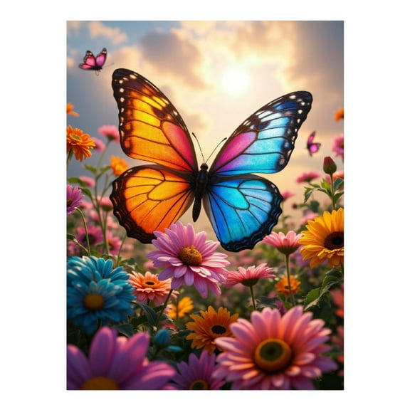 Diamond Art Kit for Adults, Butterfly Colorful Flowers Sunset Sky Diamond Painting for Adults Beginners, 5D DIY Diamond Art Painting Kits, Colorful Diamond Painting Craft for Home Decor 12x16