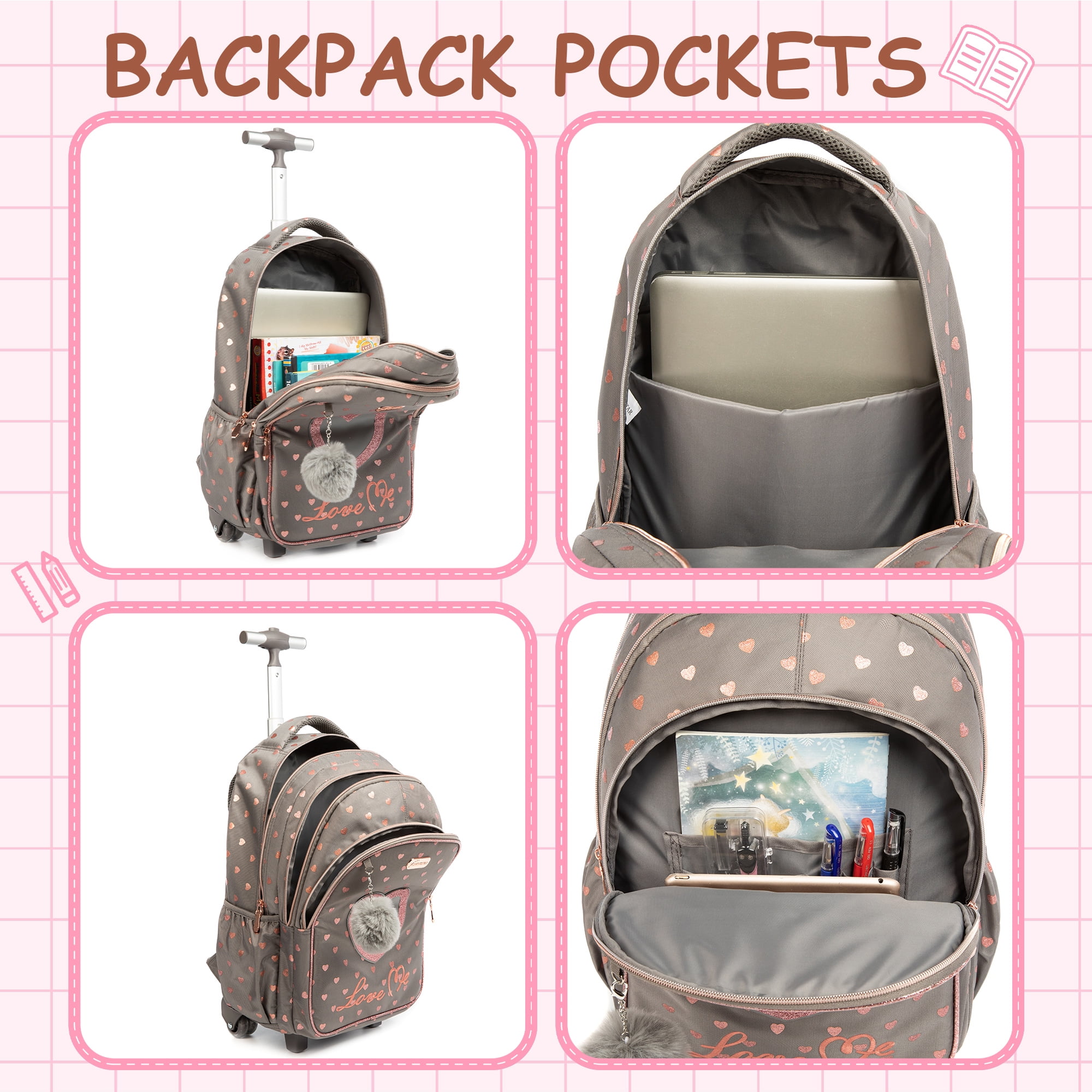Kids Rolling Backpacks for School Girls with Wheels Rolling School Bags Lunch Bag Pen Case for Ages 6-8