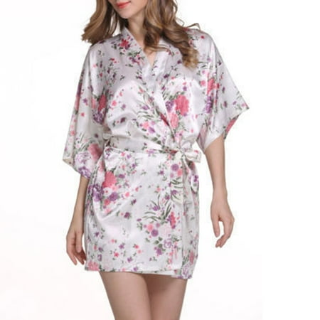 - Floral Print Sakura Sleepwear Nightgown Satin Robes Silk Woman Kimono Bandage Nightwear Bathrobe Housewear White