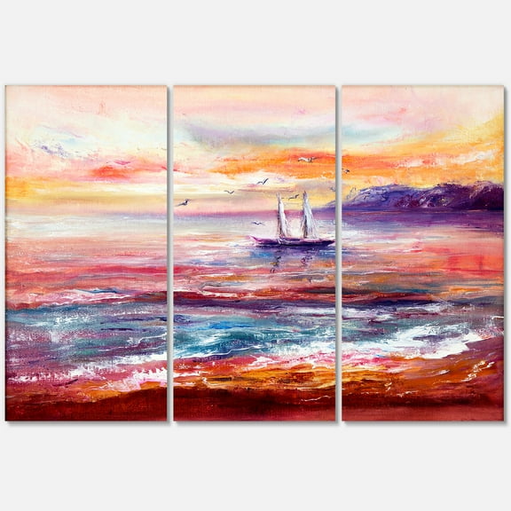 Designart ' Boat On The Ocean During VIbrant Sunset Glow ' Nautical & Coastal Canvas Wall Art Print