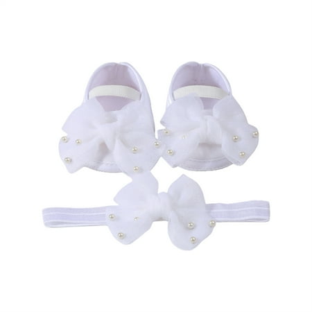 Mildsown Baby Girls Baptism Shoes and Headband Pearl Bow Flats and Hairband