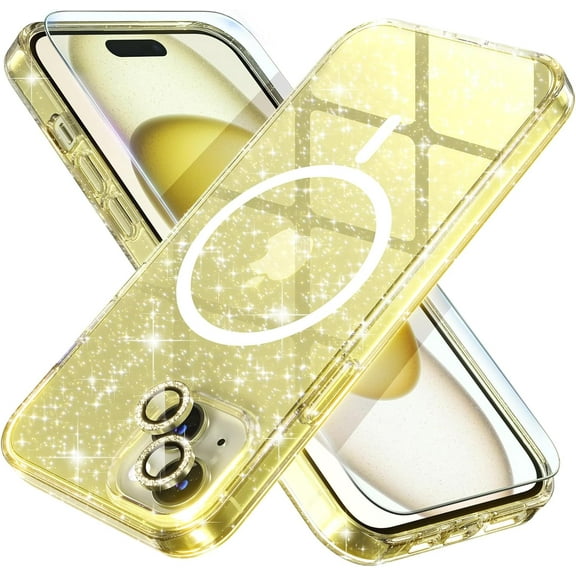 Compatible for iPhone 15 Plus Case Magnetic, Women Clear Glitter Sparkly Case, [Compatible MagSafe] (Glitter Yellow)