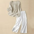 thumbnail image 2 of Bovemsi Casual Pants for Women Women's Embroidered Top And Cotton Linen Long Two Piece Set Casual Wide Leg Trousers with Pockets, 2 of 7
