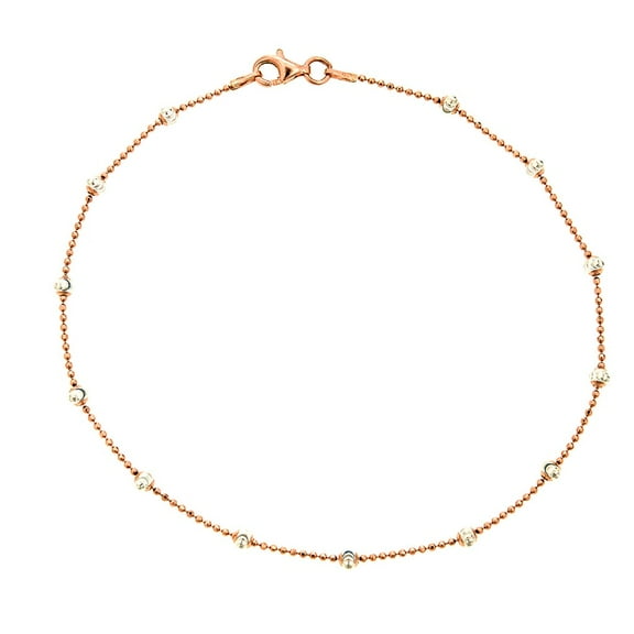 Sterling Silver Two-Tone Rose And White Moon-Cut Station Bead Foot Chain Italian Anklet 10"