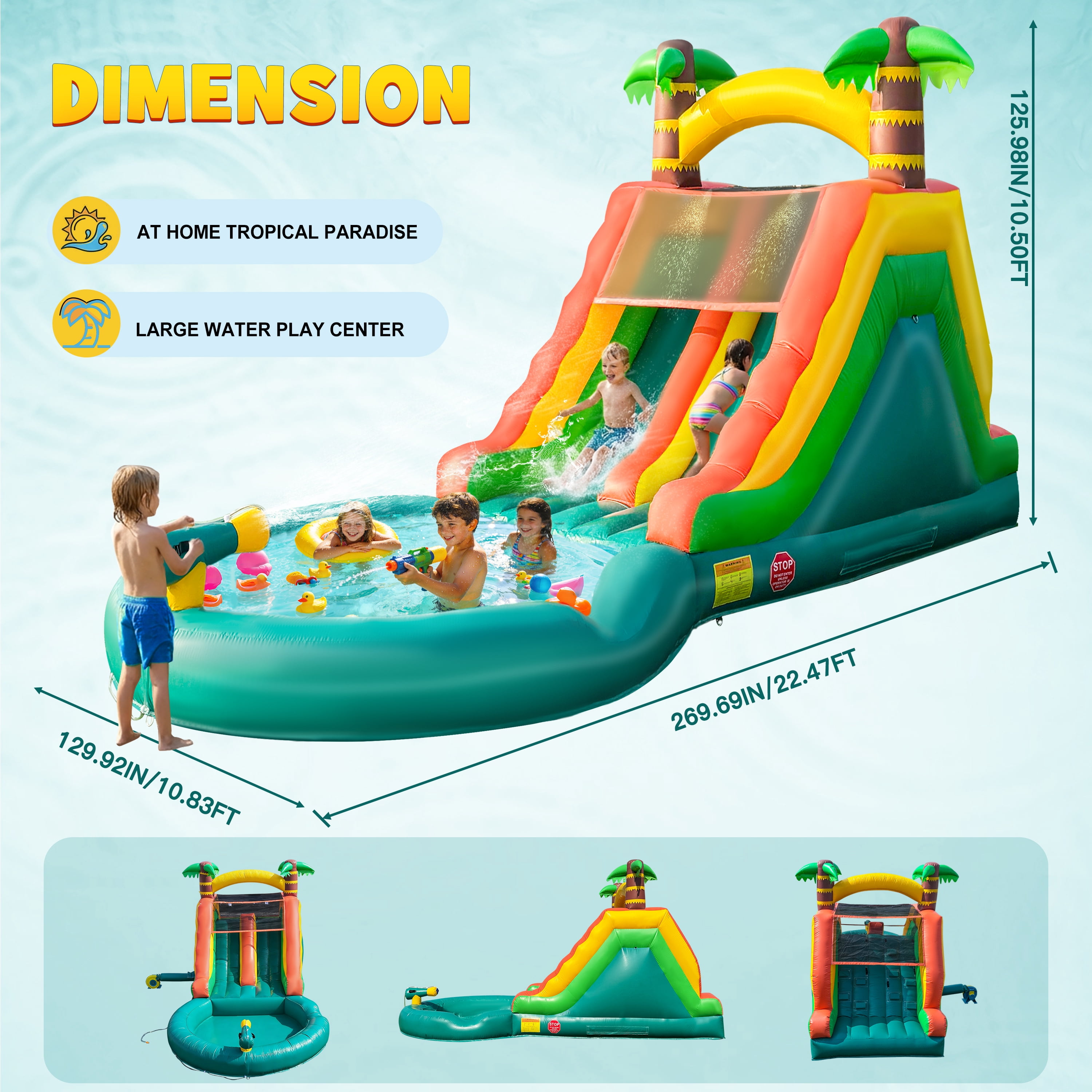 STICCIO 23ft Inflatable Water Slide with Blower, Double Lane Climbing Wall Water Cannon Deep Splash Pool, for Kids & Adults, Palm Tree Green