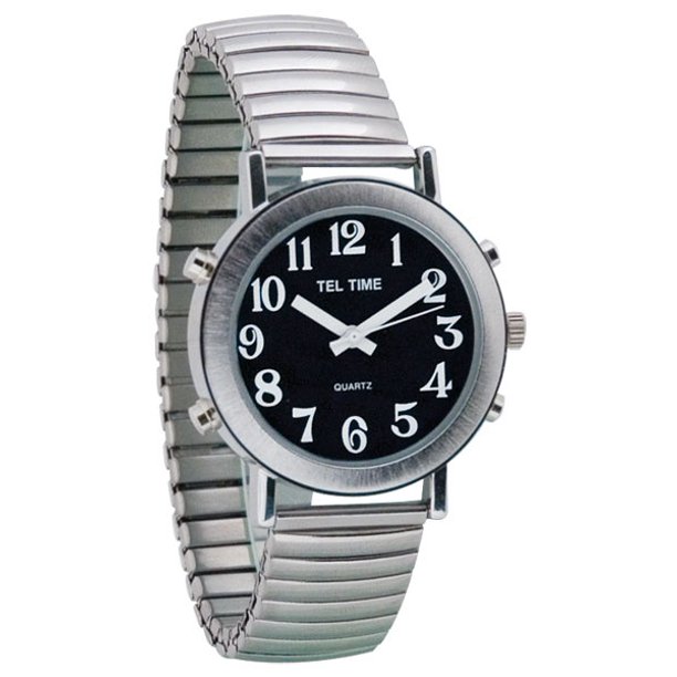 Tel-Time - Mens Chrome Talking Watch - Black Face, Expansion Band
