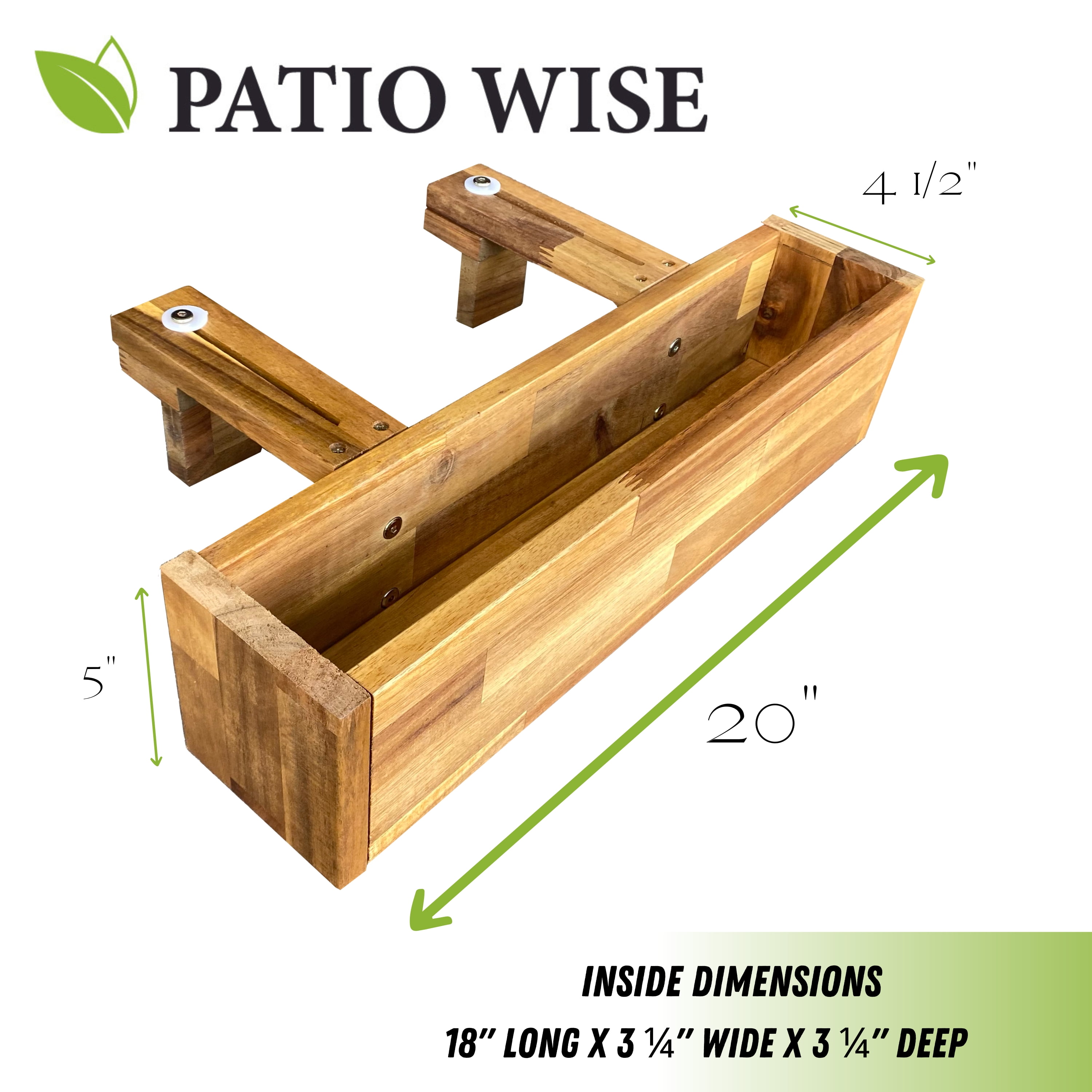 Acacia Wood Balcony Railing Planter, Outdoor Hanging Flower, Plant, & Herb Box, 20 inch Long x 4.5 inch Wide x 5 inch High by Patio Wise