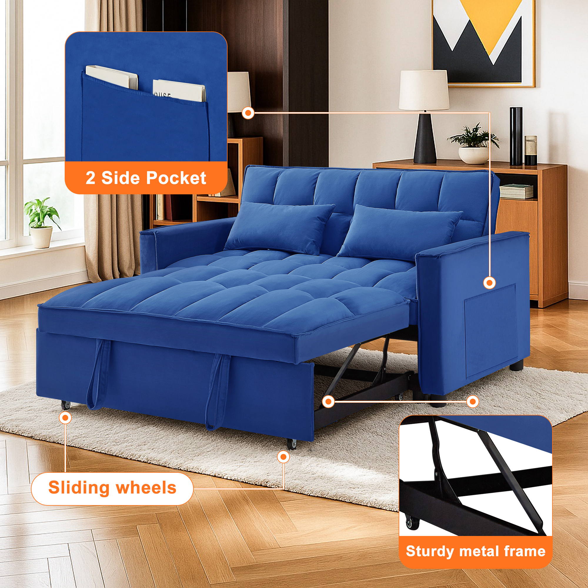 Kadyn Futon Sofa Bed, 54" Adjustable Backrest Convertible Futon Sofa for Living Room, Futon Sleeper Sofa with Side Pouch, Blue