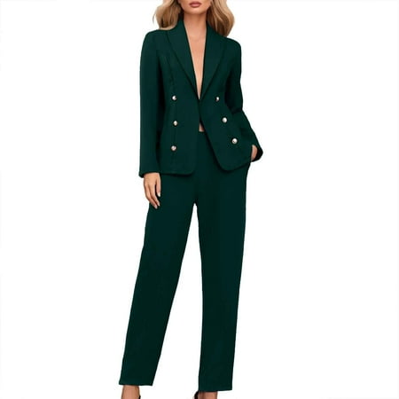 Likimi Two Piece Sets For Women Button Down Lapel Solid Color Long Sleeve Cardigan Jacket With Pants Elegant Outfit Set Green Size L