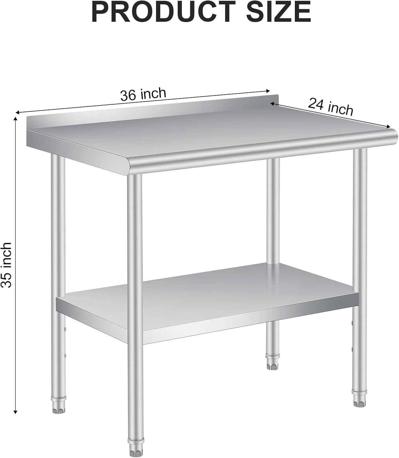 Stainless Steel Commercial Kitchen Worktable – Heavy Duty Prep Table with Backsplash, Adjustable Under Shelf, 36 x 24 Inches for Restaurant, Home & Outdoor