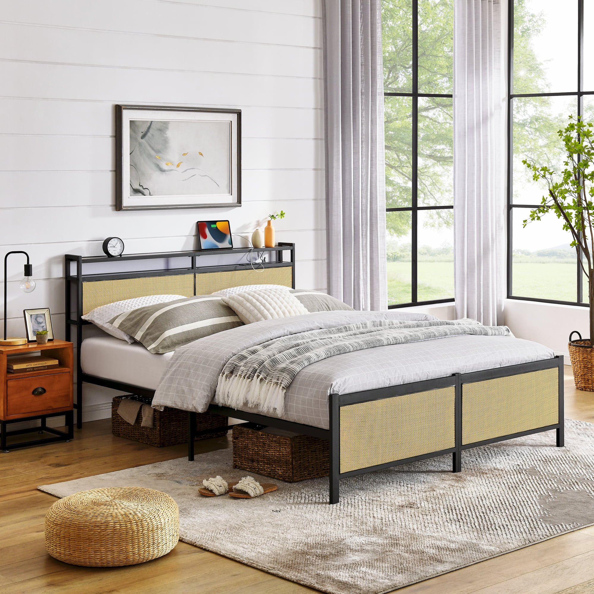 Euroco Metal Queen Platform Bed Frame with Storage Headboard and LED Light for Adults, Beige