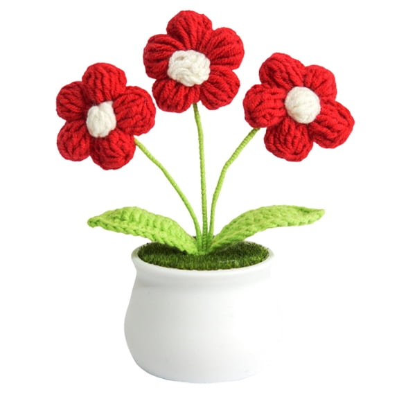 Knitted Flower Arrangement, Home Office Crochet Decor, Artificial Crochet Plant, Cute Desk Ornament, Handmade Decor for Home, Crochet Puff Blossom, Small Handmade Pot, Decorative Flower Pot