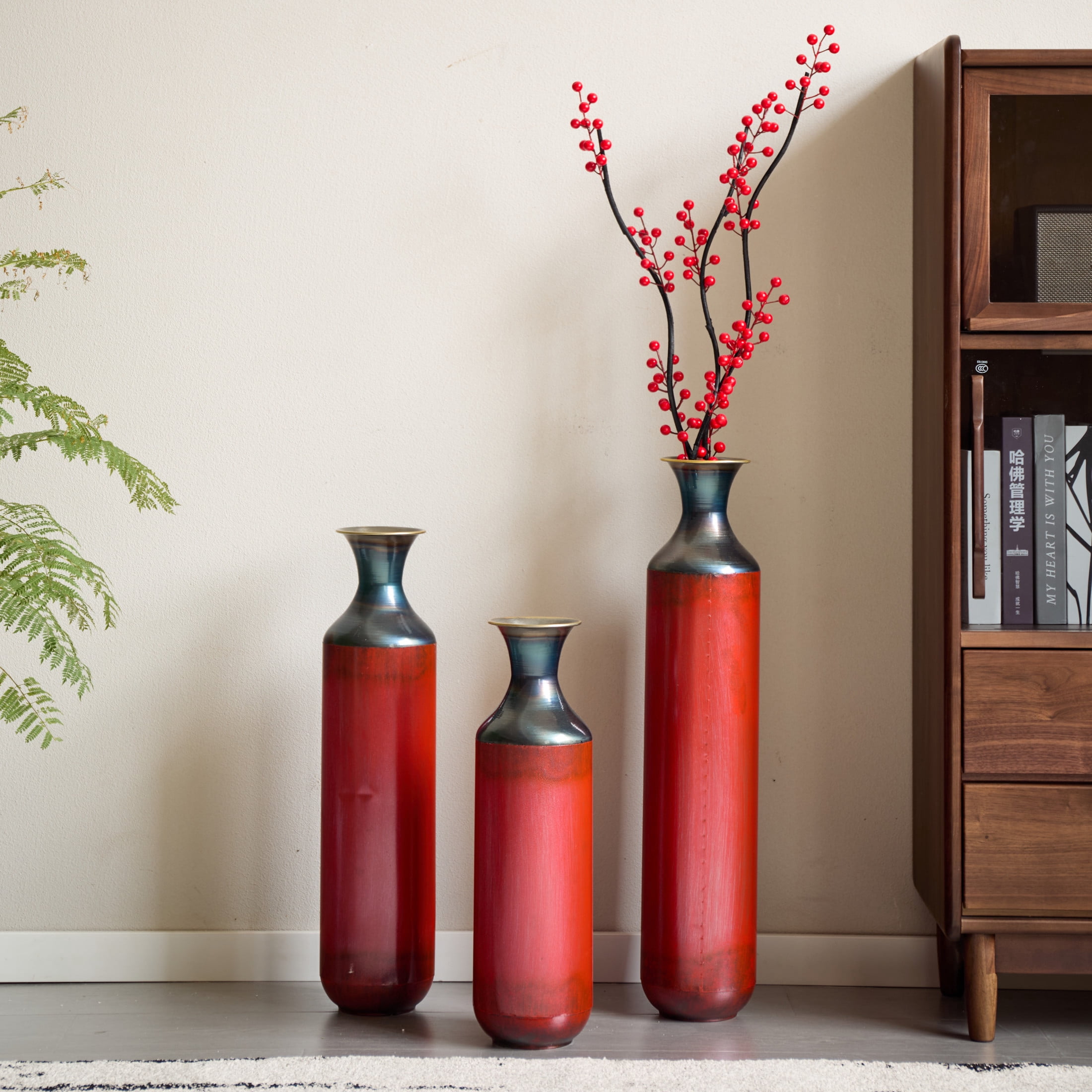 Noble House Set of 3 Torch-Fired Metal Floor Vases, 28.35", 24.41", 20.47" Tall, Red