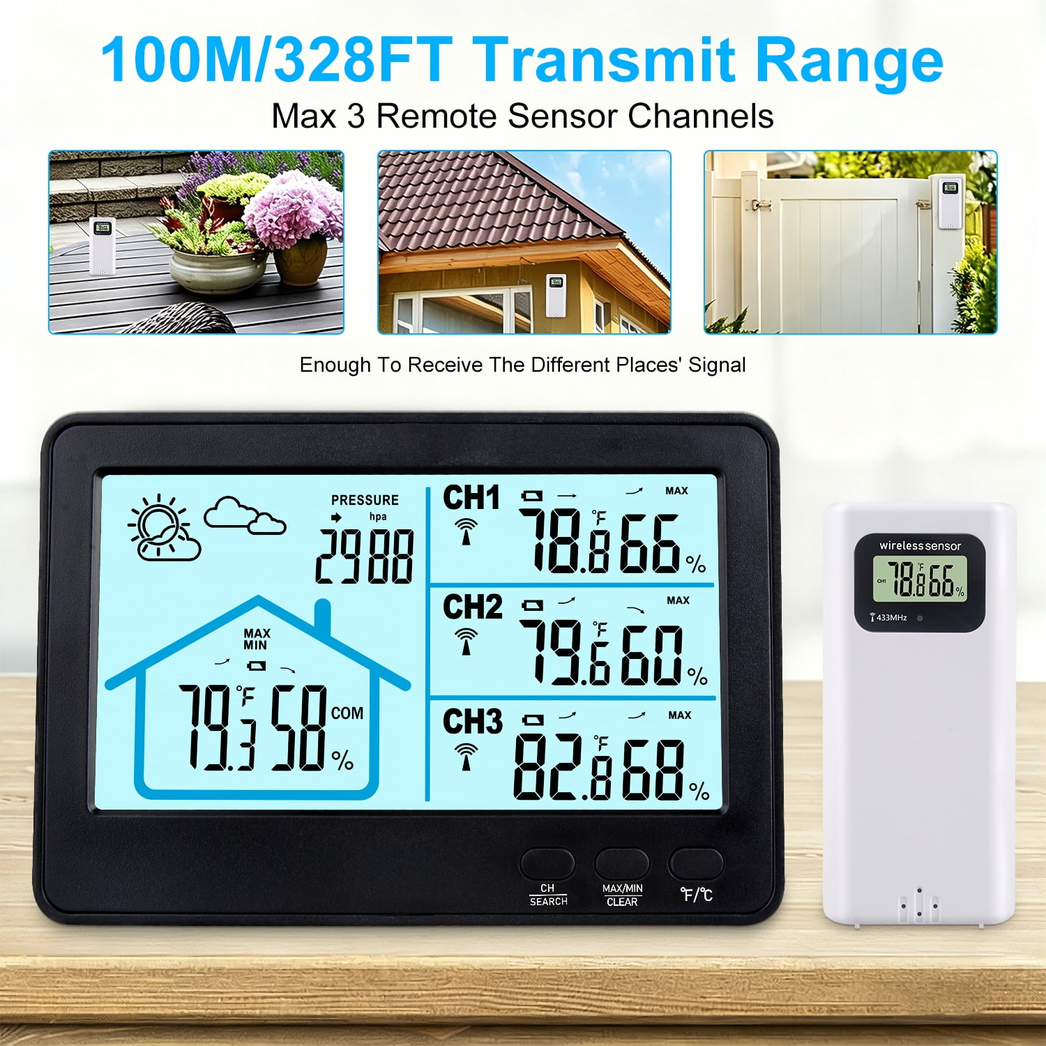 AILKIN Weather Stations for Home with 3 Outdoor Sensor,Wireless Indoor Outdoor Thermometer with Humidity Monitor,Backlight,Weather Stations for Home Large Dispaly,Black