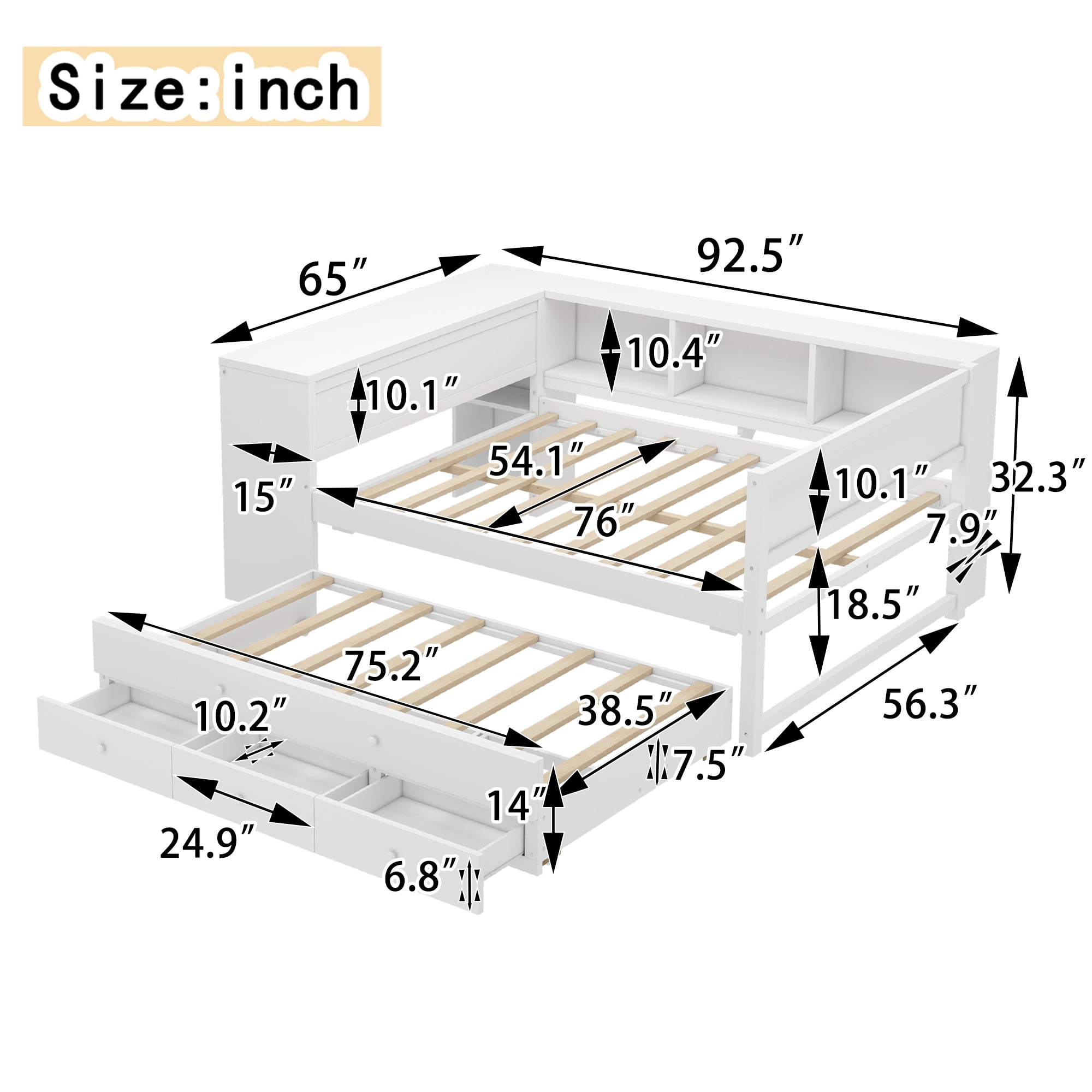 Mintazer Full Wood Platform Bed with Desk & Trundle, Multifunctional Storage Daybed with 5 Side Shelves & 3 Drawers for Bedrooms Guest Rooms for Teens Kids, White
