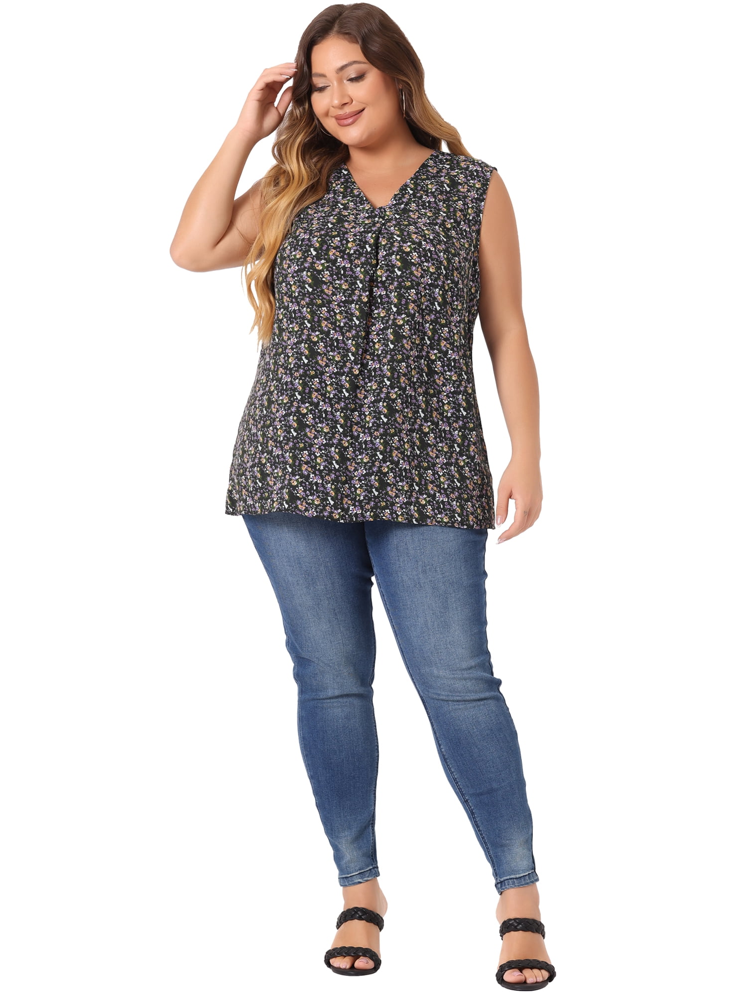 DARING DIVA Women's Stylish Plus Size Floral Sleeveless Tank Tops 4X Black
