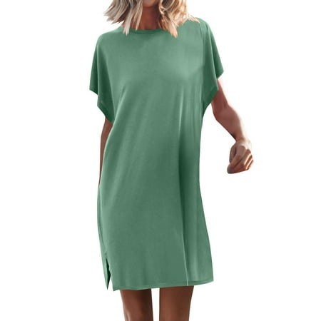 OSOLU Solid Color Women Summer Short Sleeve Dress Casual Slit Beach Mini Dress Tunic Tops Dress