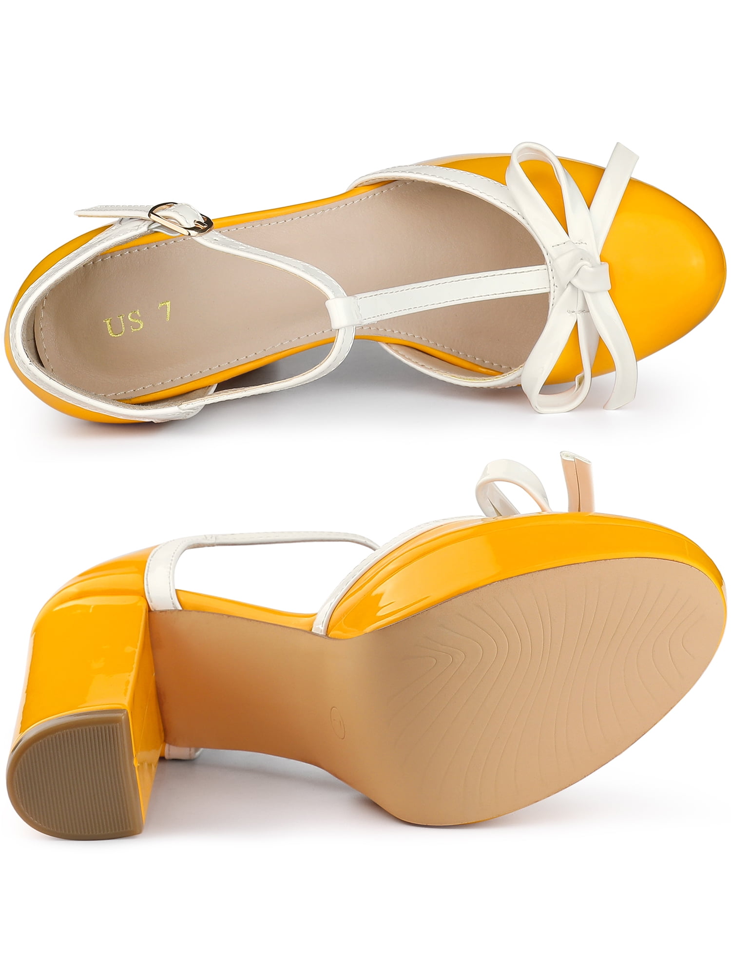 DARING DIVA Women's Platform Bow T Strap Chunky Heels Pumps Yellow 11